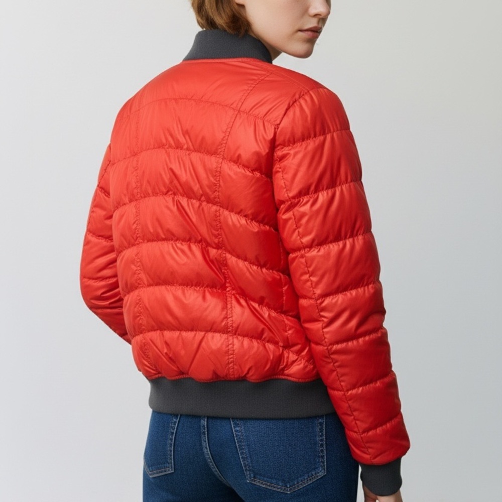 Athleta Goose Down Puffer Bomber Zip Jacket Red Orange Pockets M - Picture 2 of 10